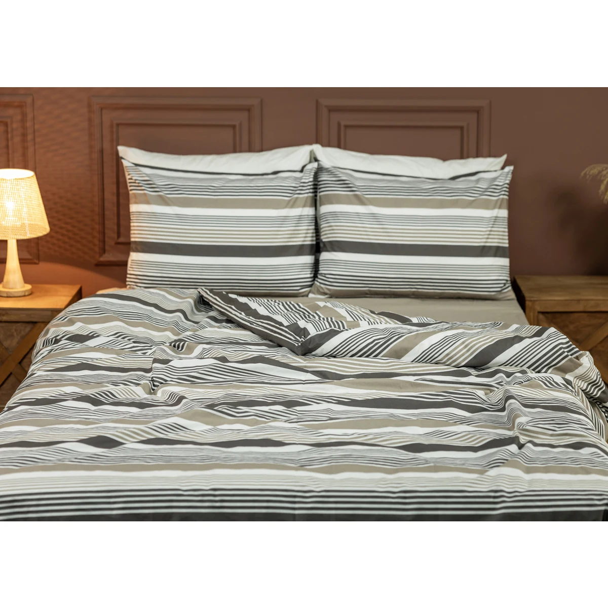 Manamo M&D Stripe  Duvet Cover With Pillow Case Cotton Mink/Stone Double 200x220+50x70 cm(2)
