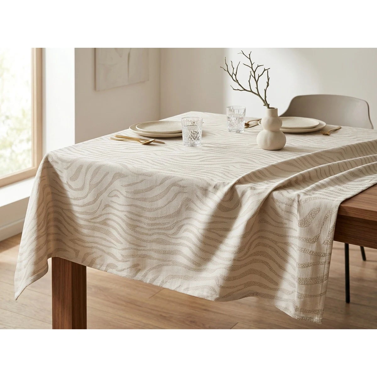 Manamo Zebra Table Cloth Polyester Cream Jacquared 140x250 cm
