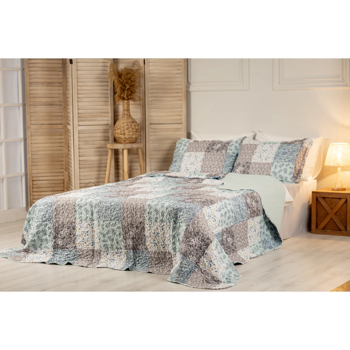 Manamo Tiny Flower Digital Printed Bed Cover Polyester Blue/Grey 240x250+50x70 cm(2)