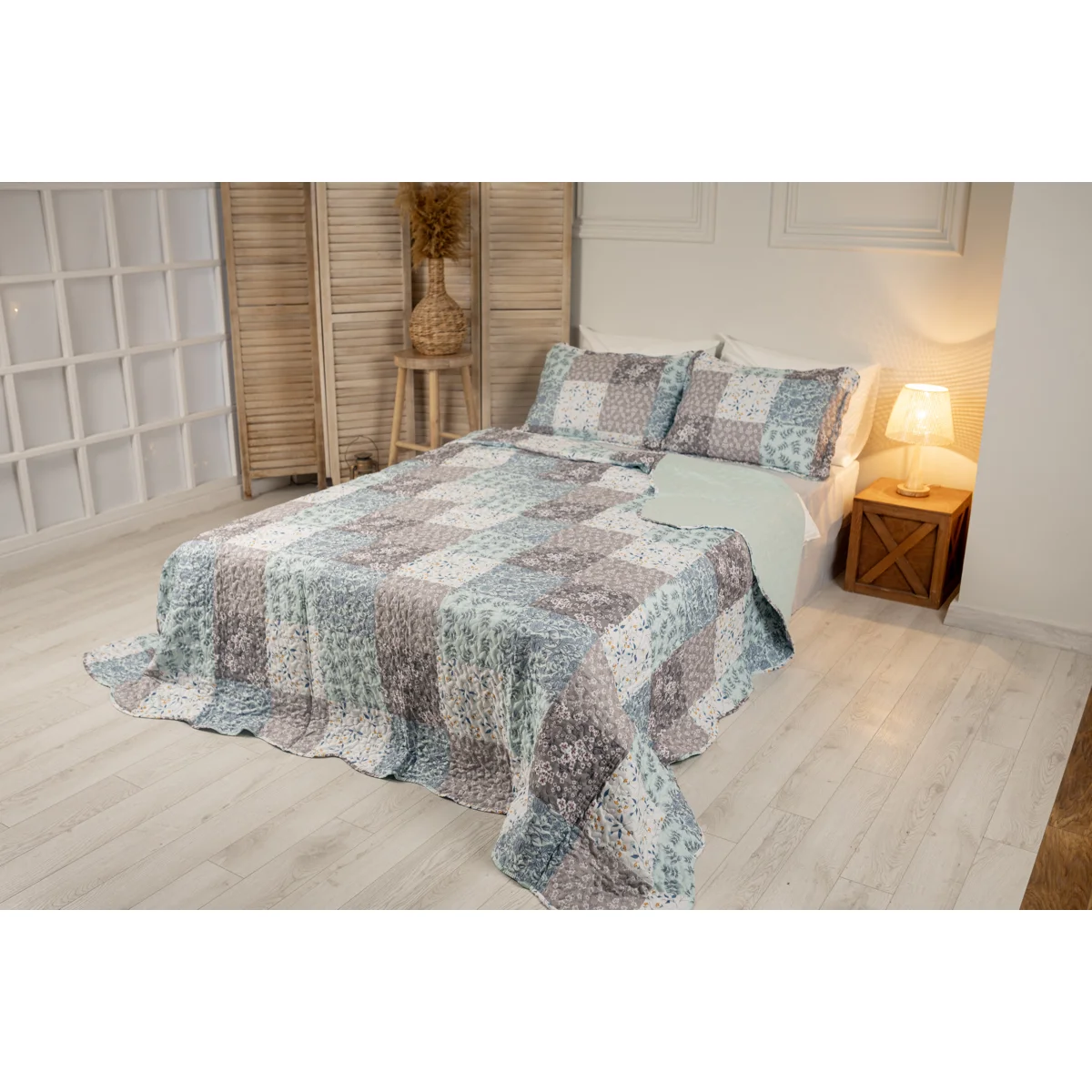 Manamo Tiny Flower Digital Printed Bed Cover Polyester Blue/Grey 240x250+50x70 cm(2)