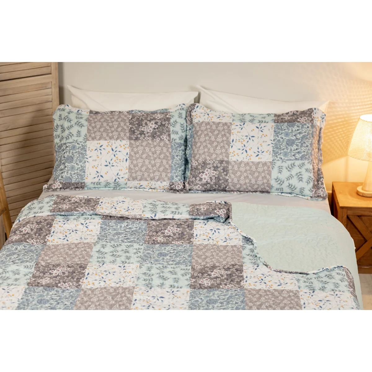 Manamo Tiny Flower Digital Printed Bed Cover Polyester Blue/Grey 240x250+50x70 cm(2)