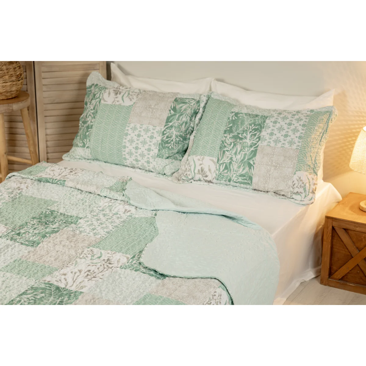 Manamo Leaves Digital Printed Bed Cover Polyester Cameo Green 240x250+50x70 cm(2)