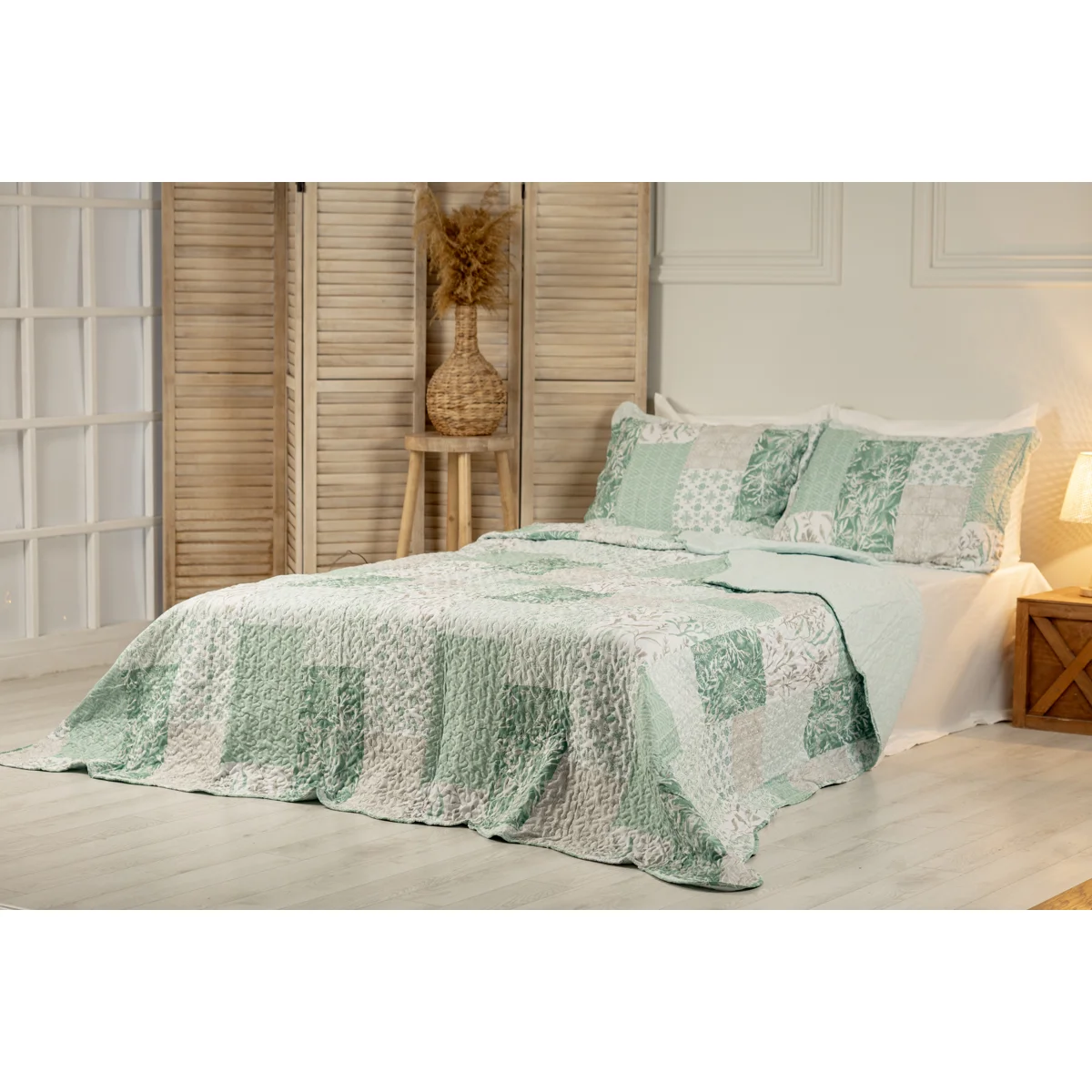 Manamo Leaves Digital Printed Bed Cover Polyester Cameo Green 240x250+50x70 cm(2)