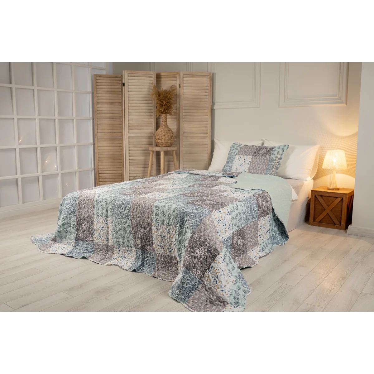 Manamo Tiny Flower Digital Printed Bed Cover Polyester Blue/Grey 180x240+50x70 cm