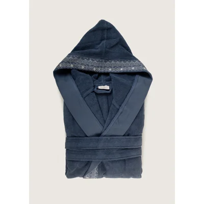 Manamo Blen Jacquard Hooded Bathrobe Cotton Indigo S/M